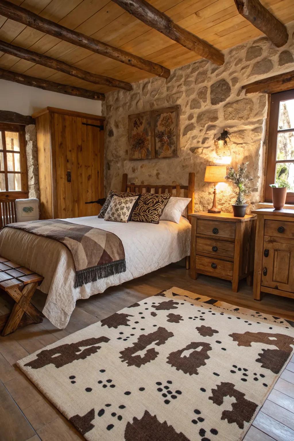 Bovine patterns and natural materials create a warm, countryside charm.