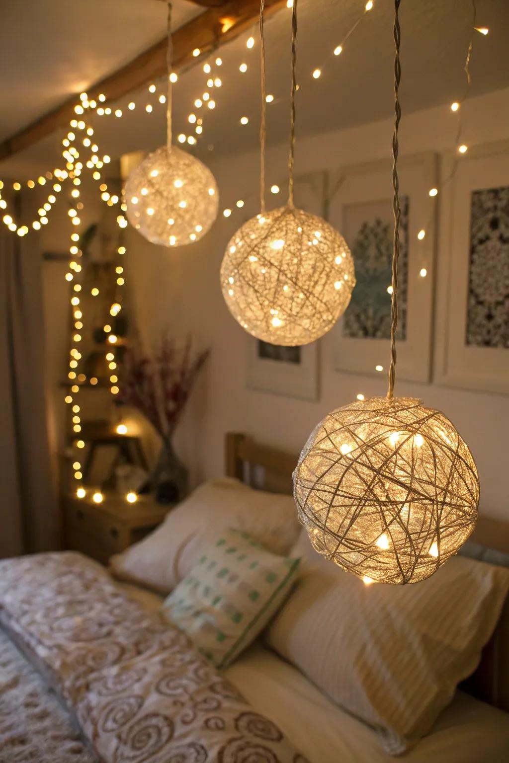 Dangling orbs made of sparkle lights in a bedroom.
