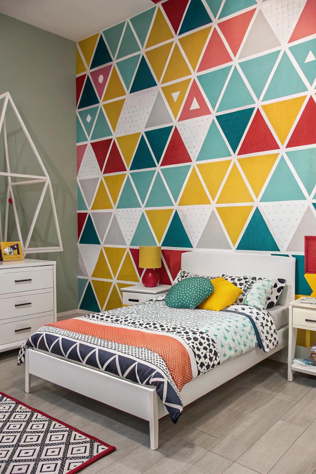 A geometric-inspired bedroom decorated with daring and contemporary designs.