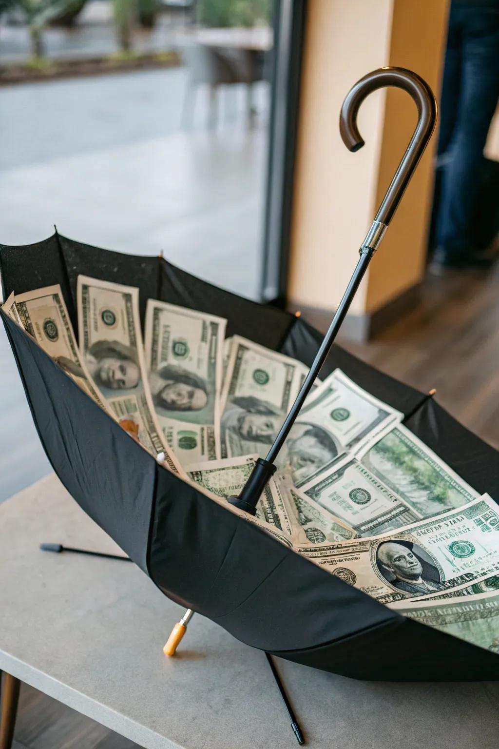 A parasol that 'precipitates' currency for a special astonishment.