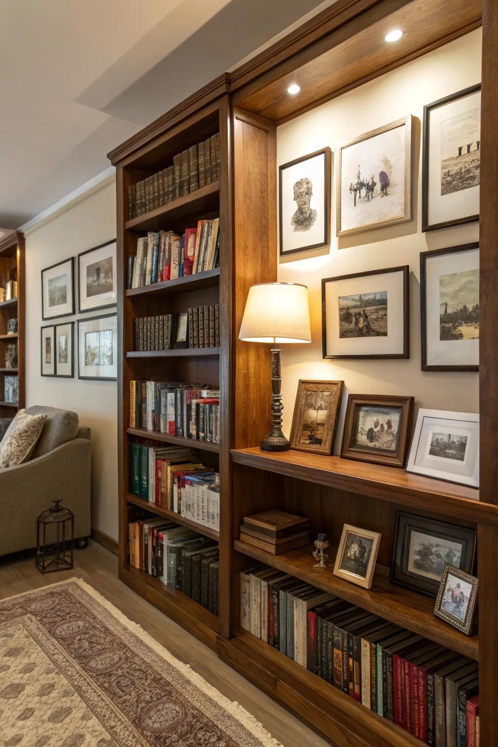 Storage displays combine literature and art for a sophisticated look.