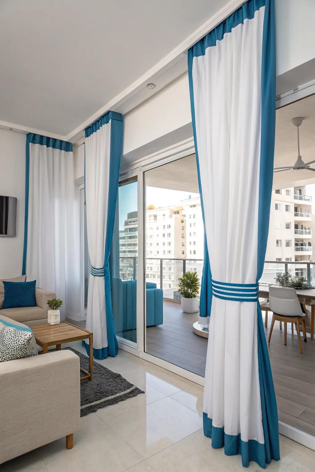 Modern drapes with bold layering.