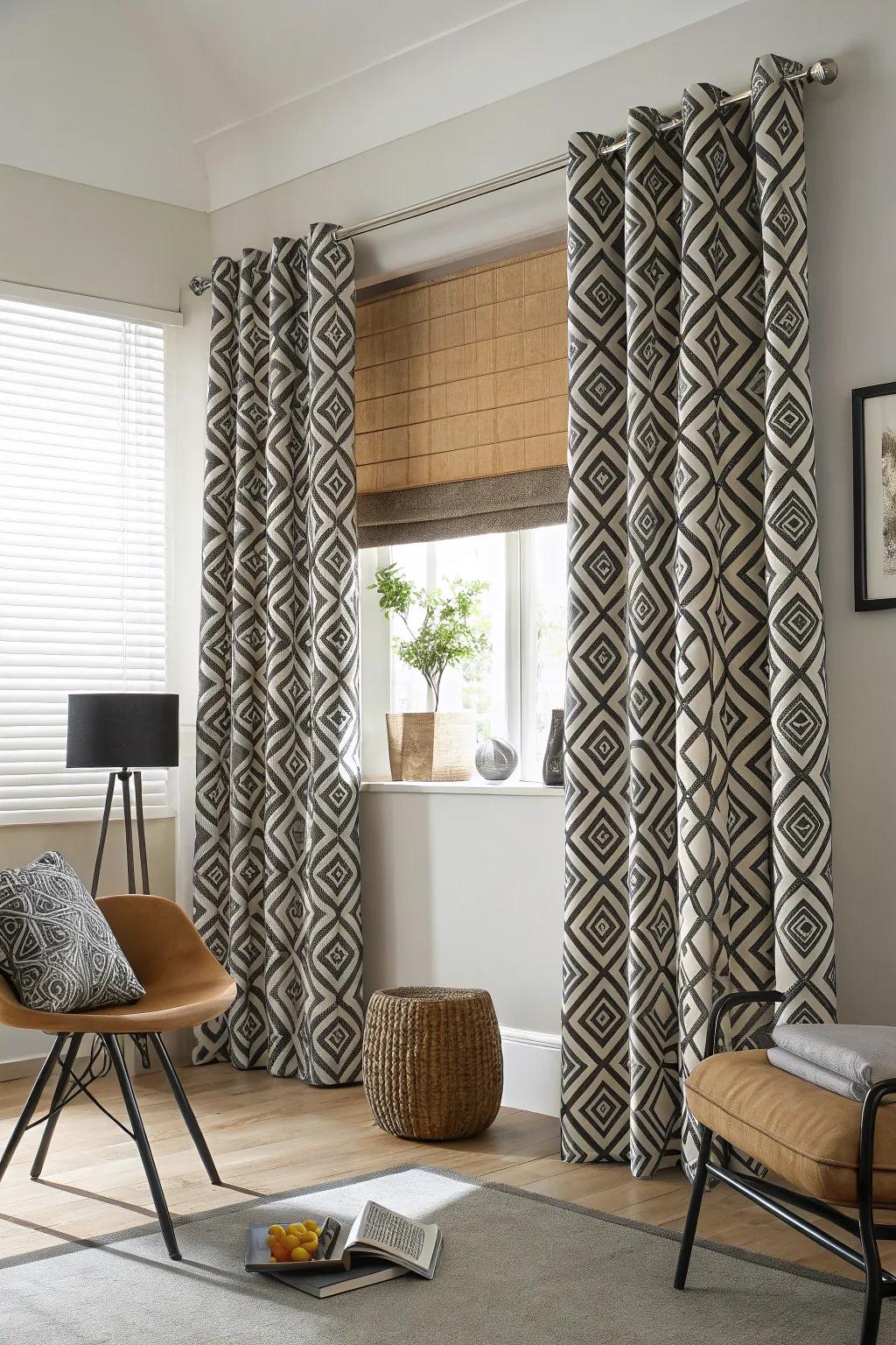 Shaped prints offer a fashionable twist over blinds.
