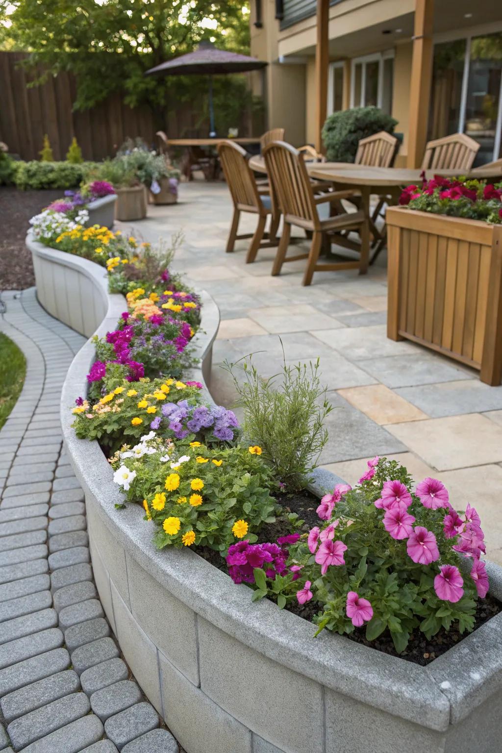 Colorful arched planting bins introducing beauty and height to the patio.