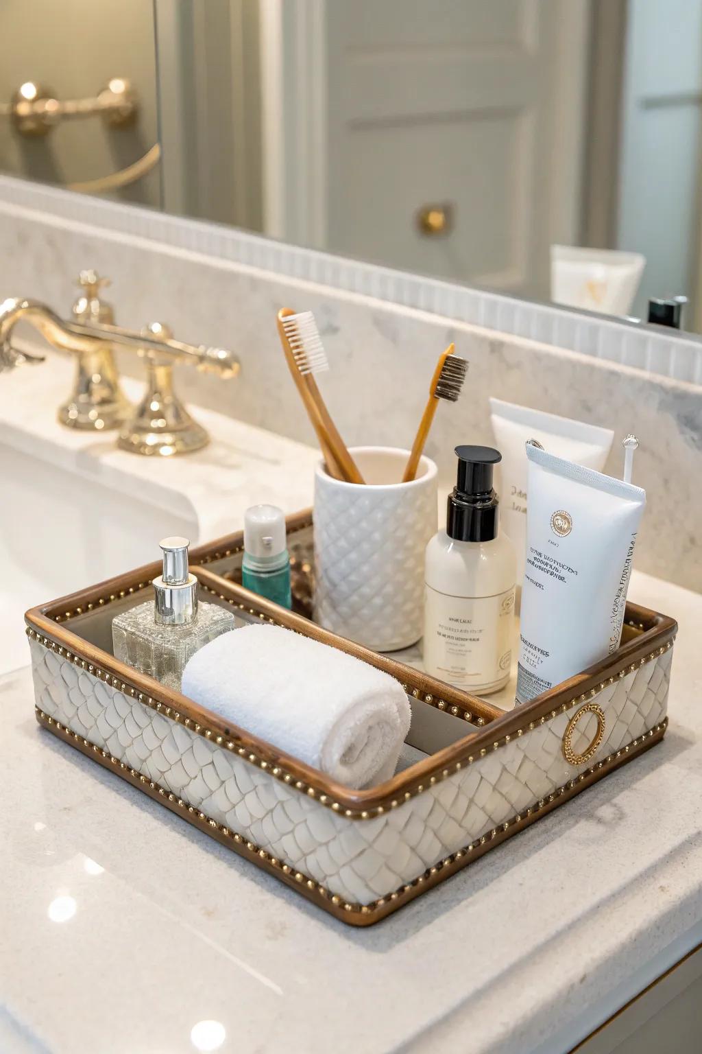A unique vanity tray keeps your necessities organized and enhances elegance.