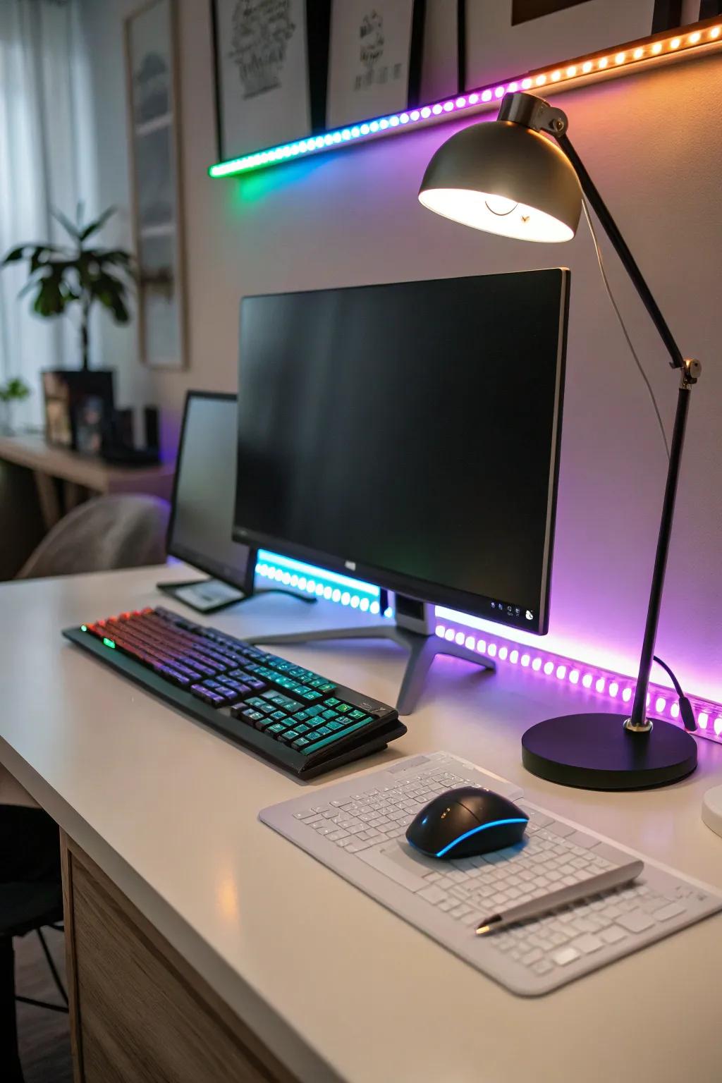 Special illumination solutions highlight the personal computer arrangement's features.
