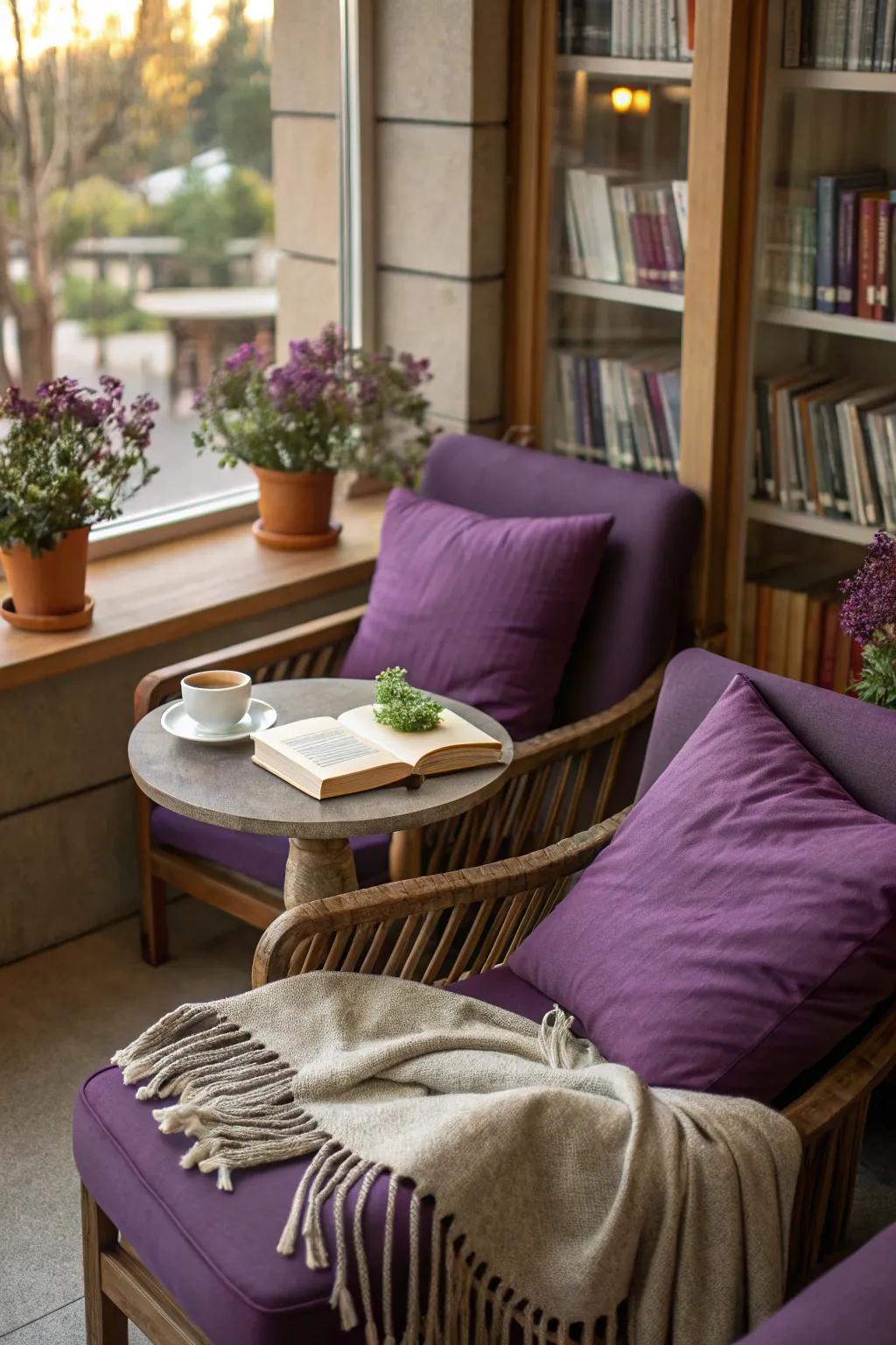 A violet-themed reading corner for peaceful escapes.
