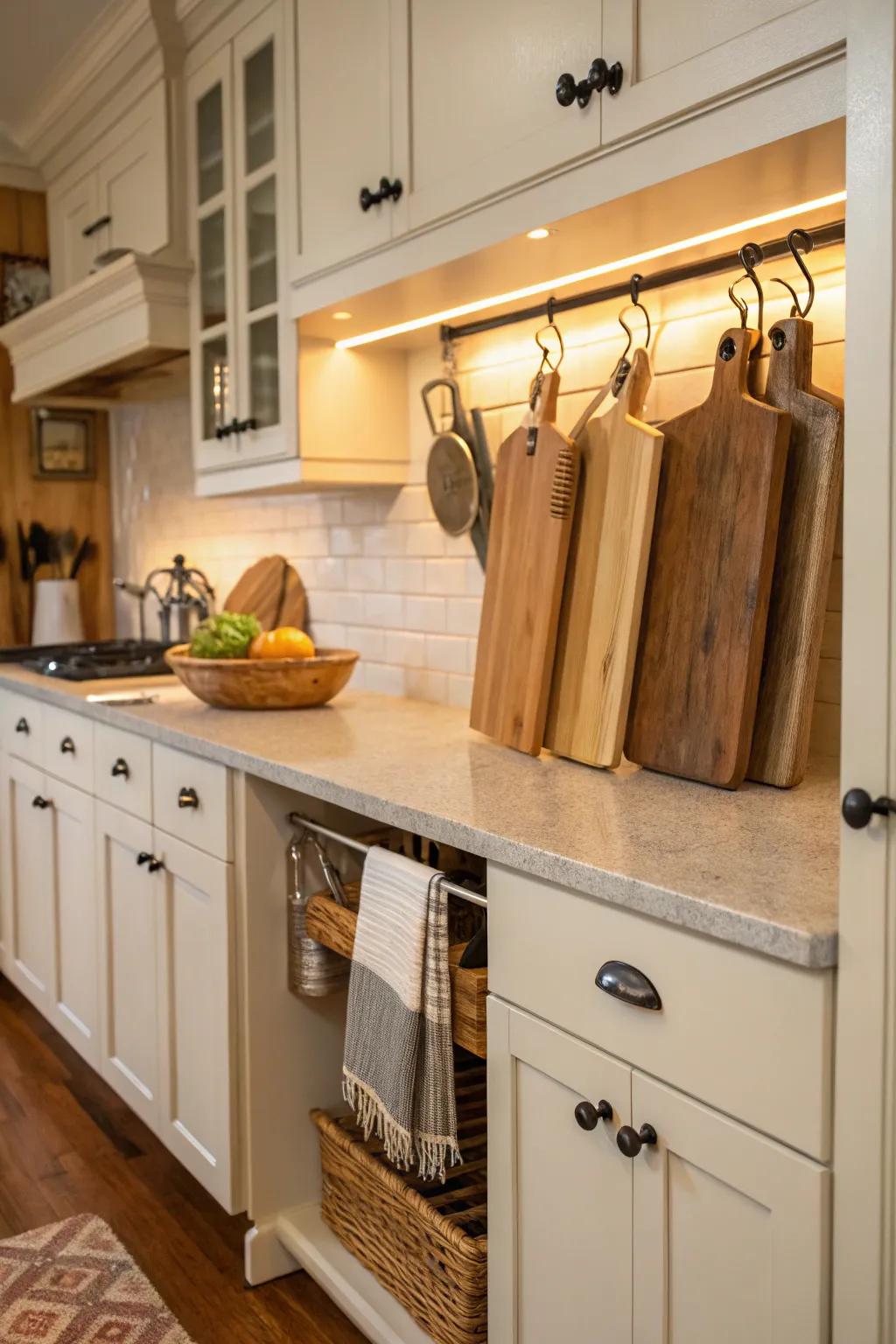 Coat bars used for hanging chopping surface storage.