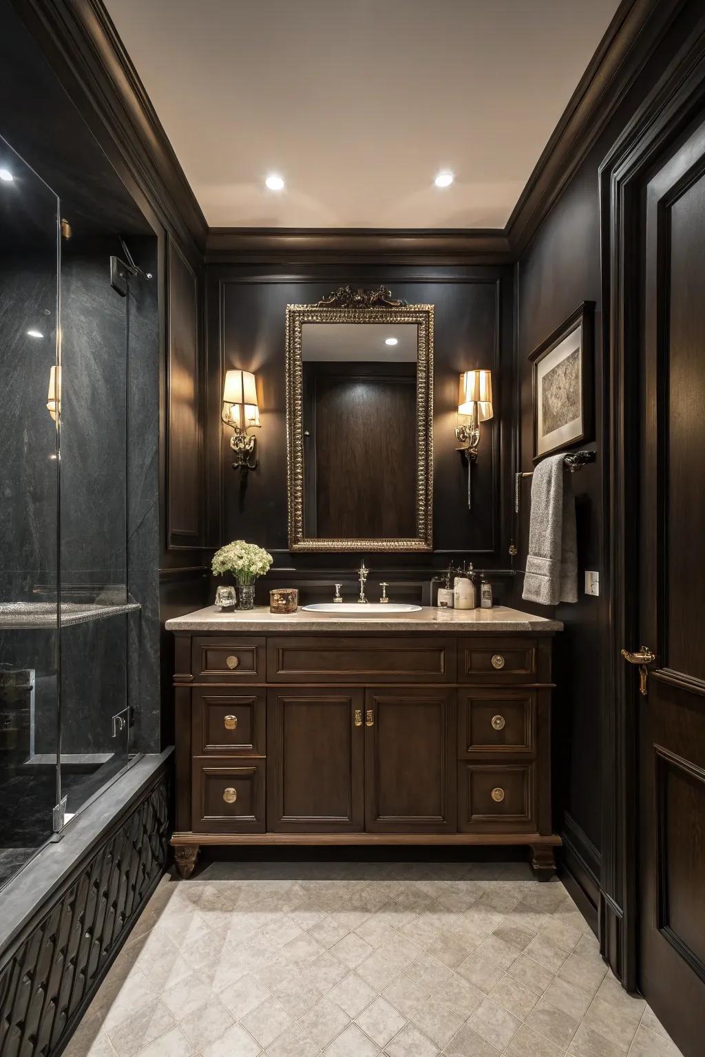 Deep walls inject unexpected elegance into a bathroom featuring a deep cocoa dressing table.