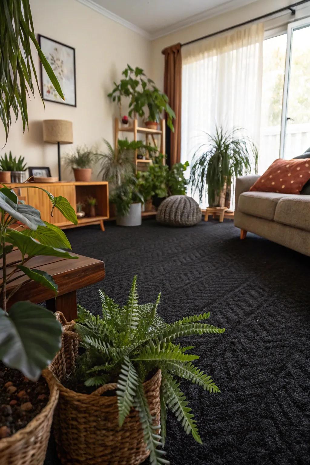 Indoor greenery adds vibrancy to a space with dark-toned floor covering.