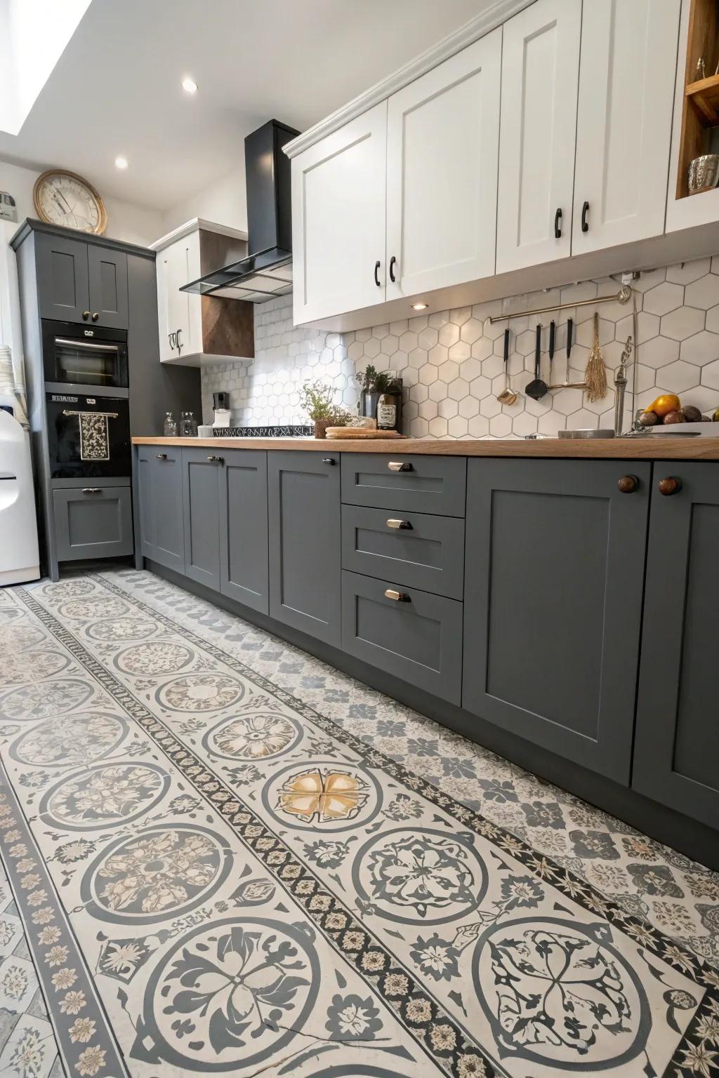 Designed flooring adding a dynamic touch to the kitchen's plan.