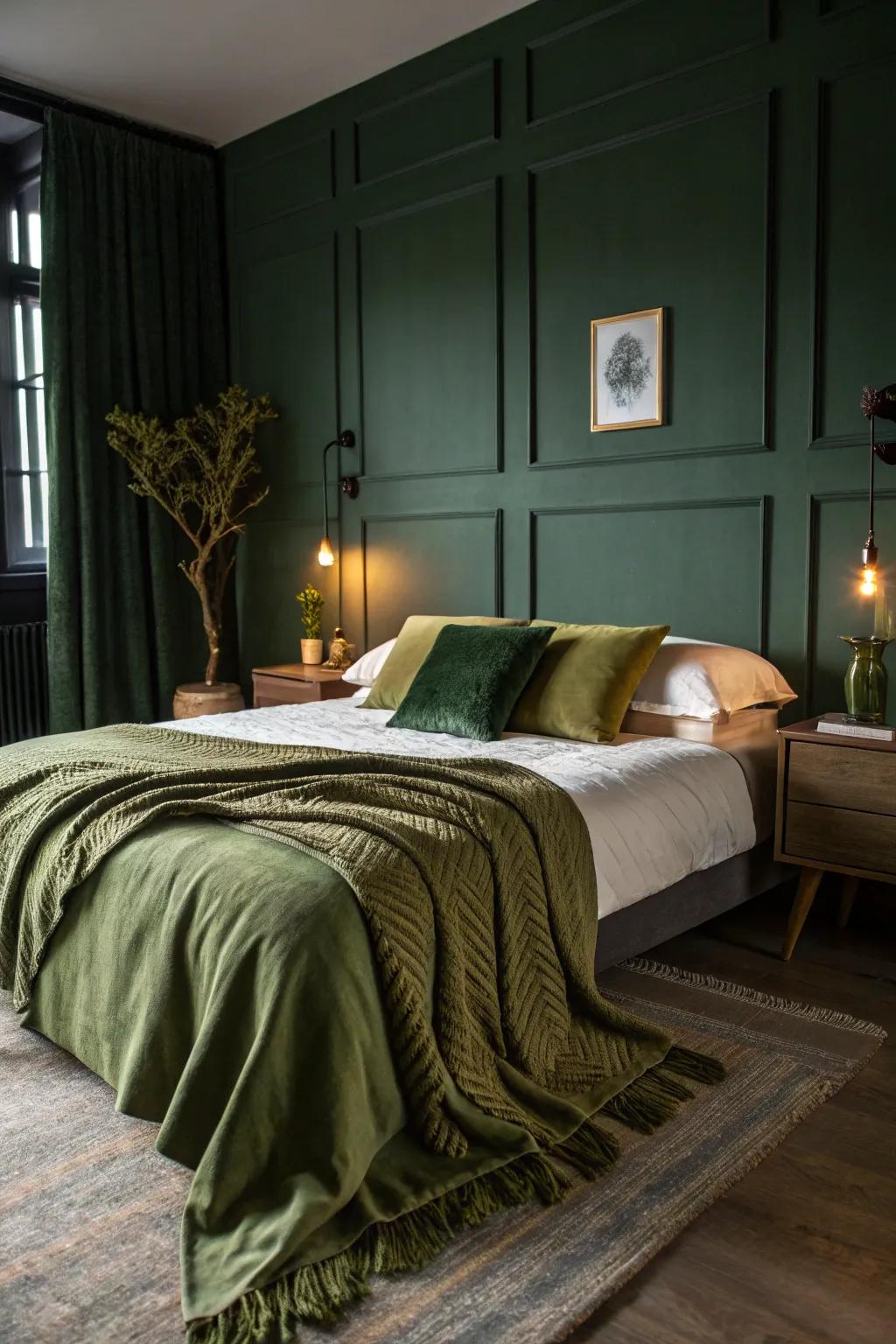 A shaded-green bedroom presenting an olive green throw wrap attaching warmth and visual.