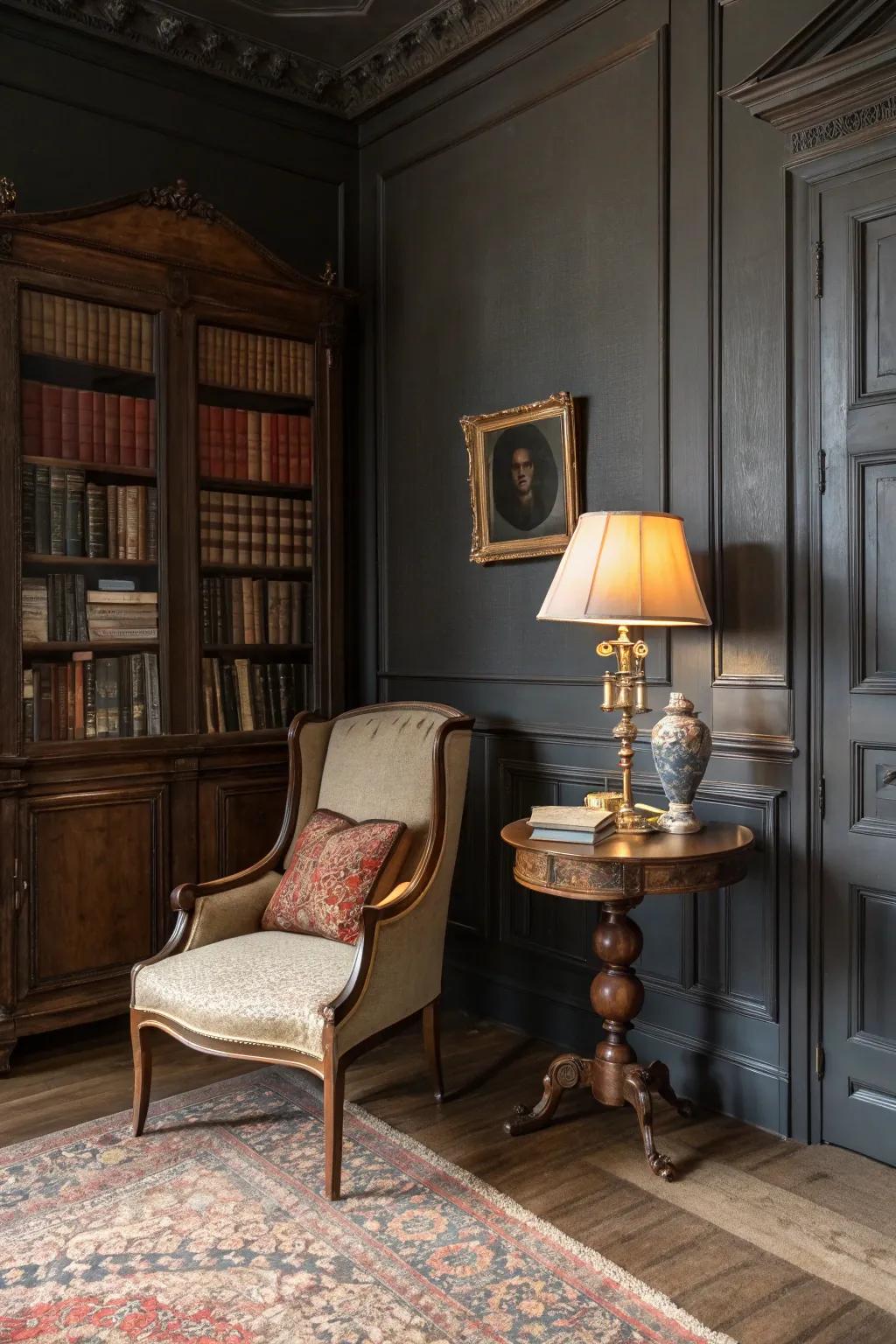 Vintage elements adding elegance to a deep charcoal room.