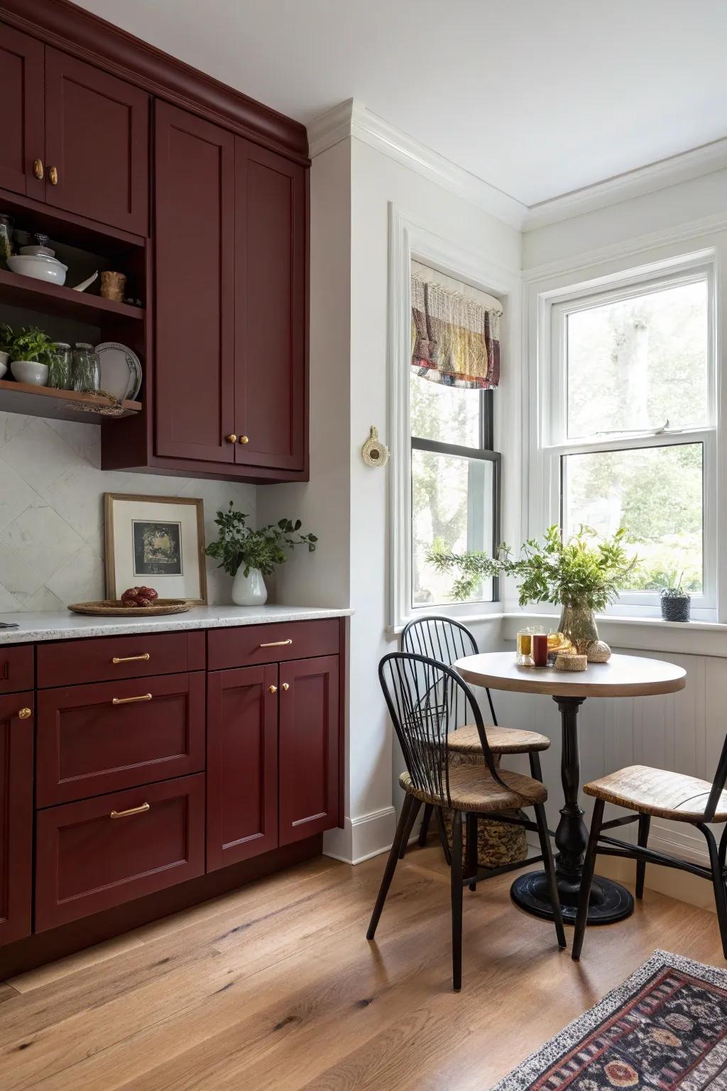 Inviting culinary nook spotlighting tinted ruby cabinetry.