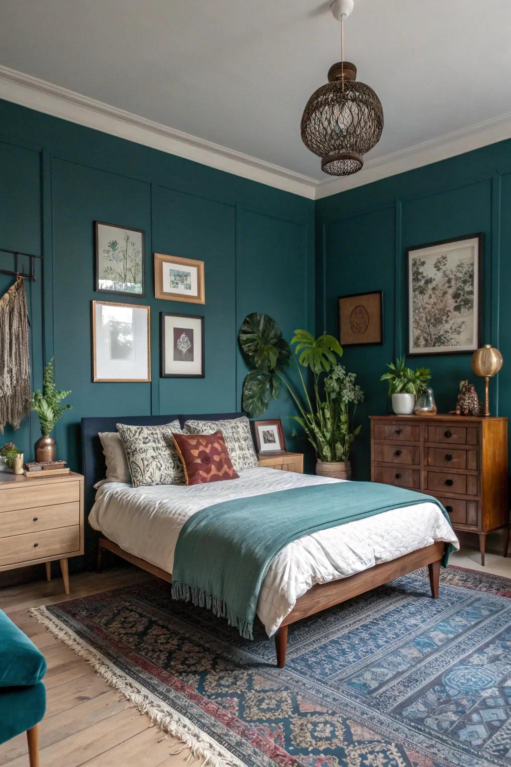 Teal functions as a versatile neutral backdrop.