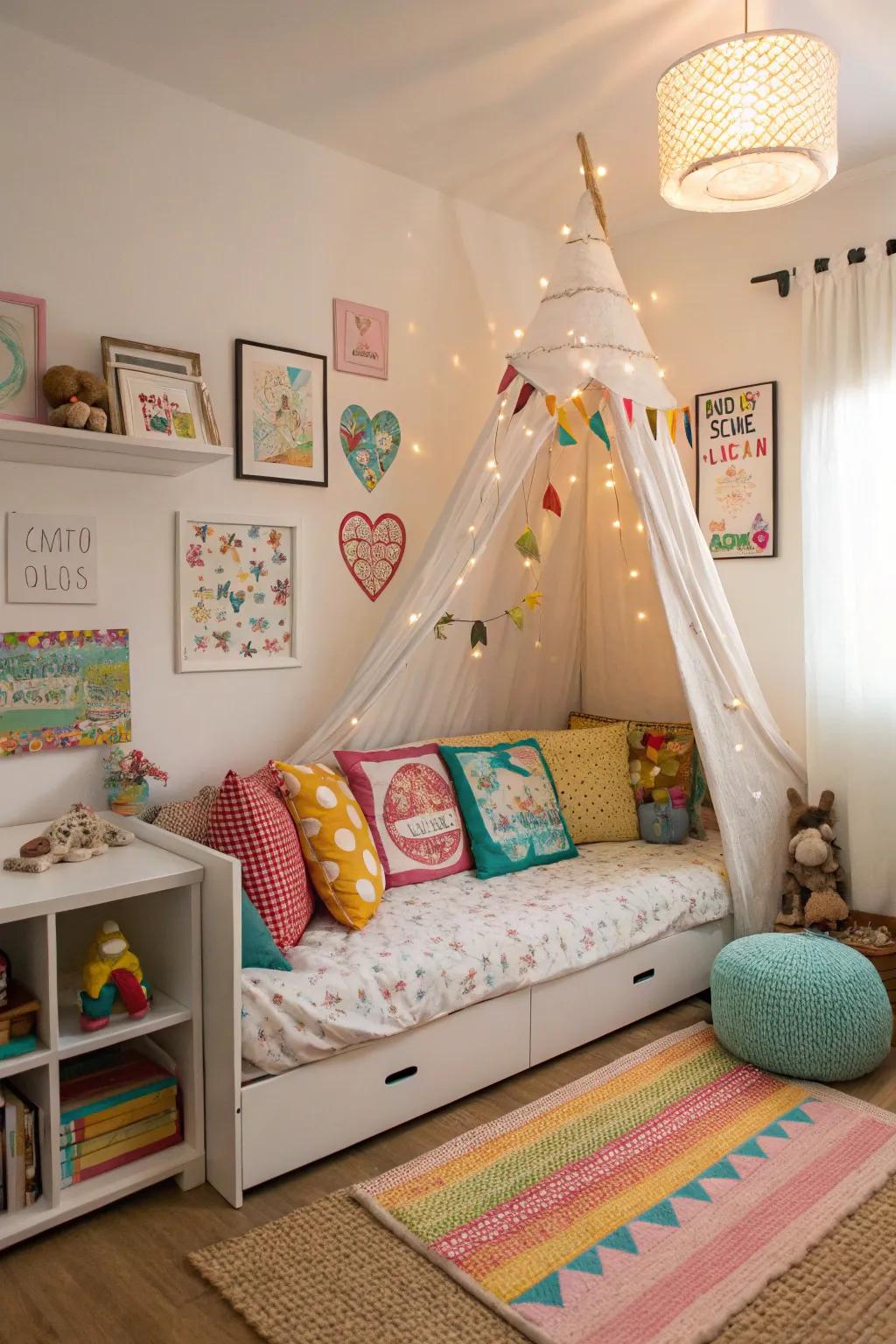 A daybed setup conceived with children in mind, characterized by spirited hues and soothing materials.