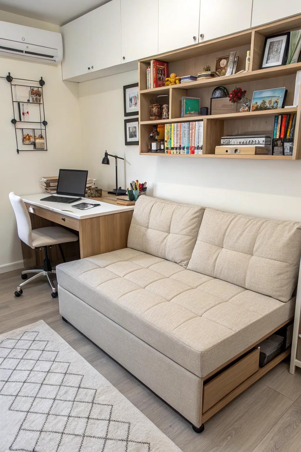 A convertible couch provides seamless transitions from seating to sleeping.