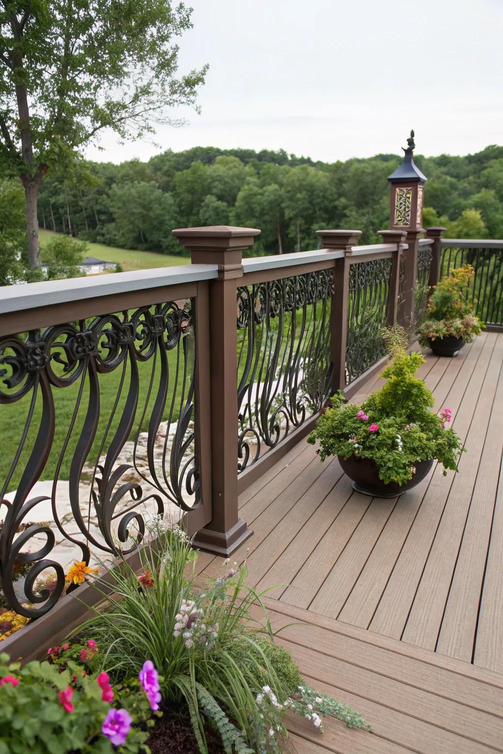 A personalized deck with tailored artistic balustrades, showcasing unique design elements.