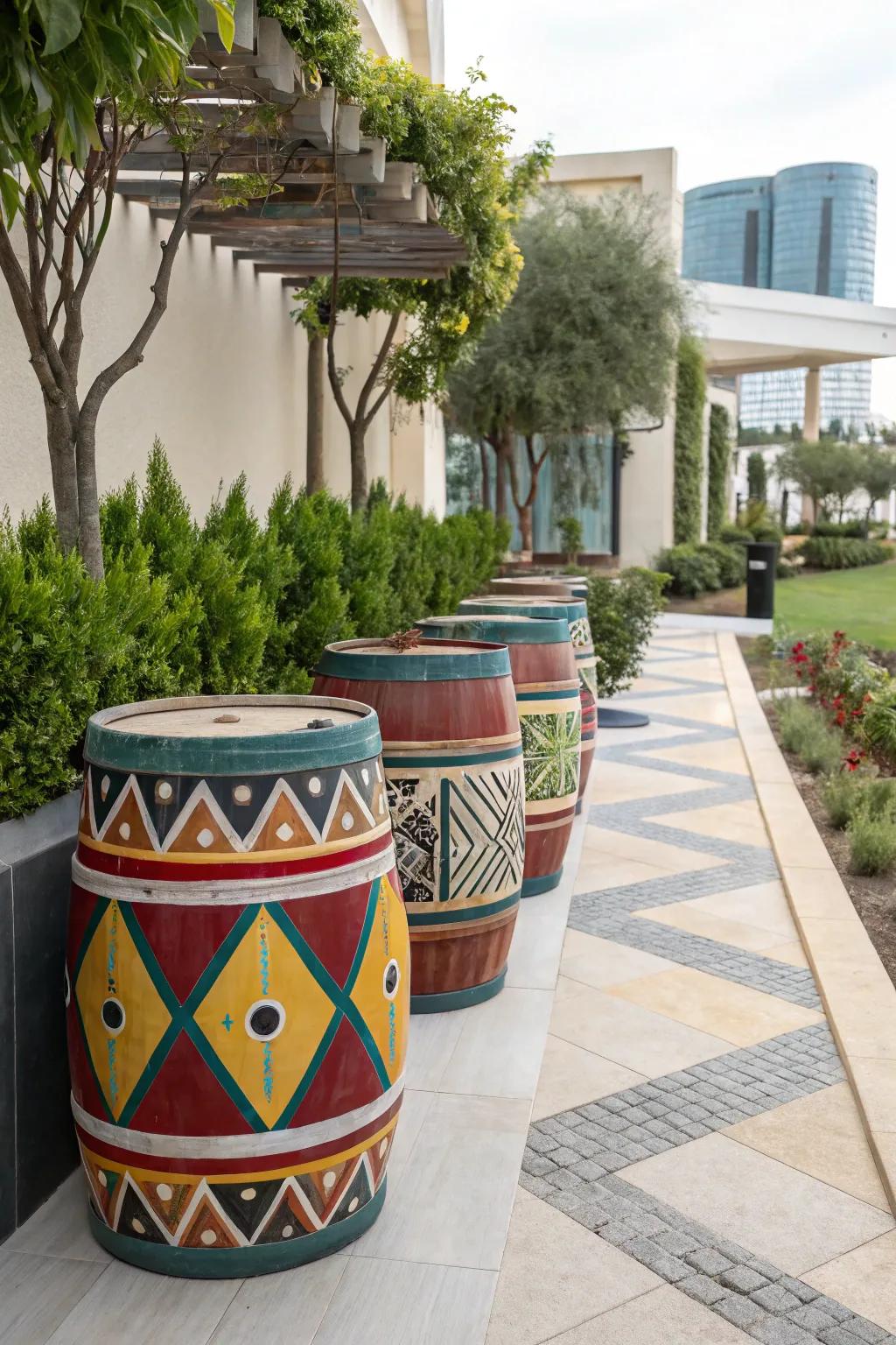 Barrels with geometric pattern paintings
