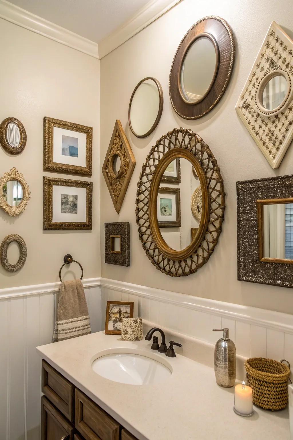 A curated mirror assemblage appends whimsy and charm.
