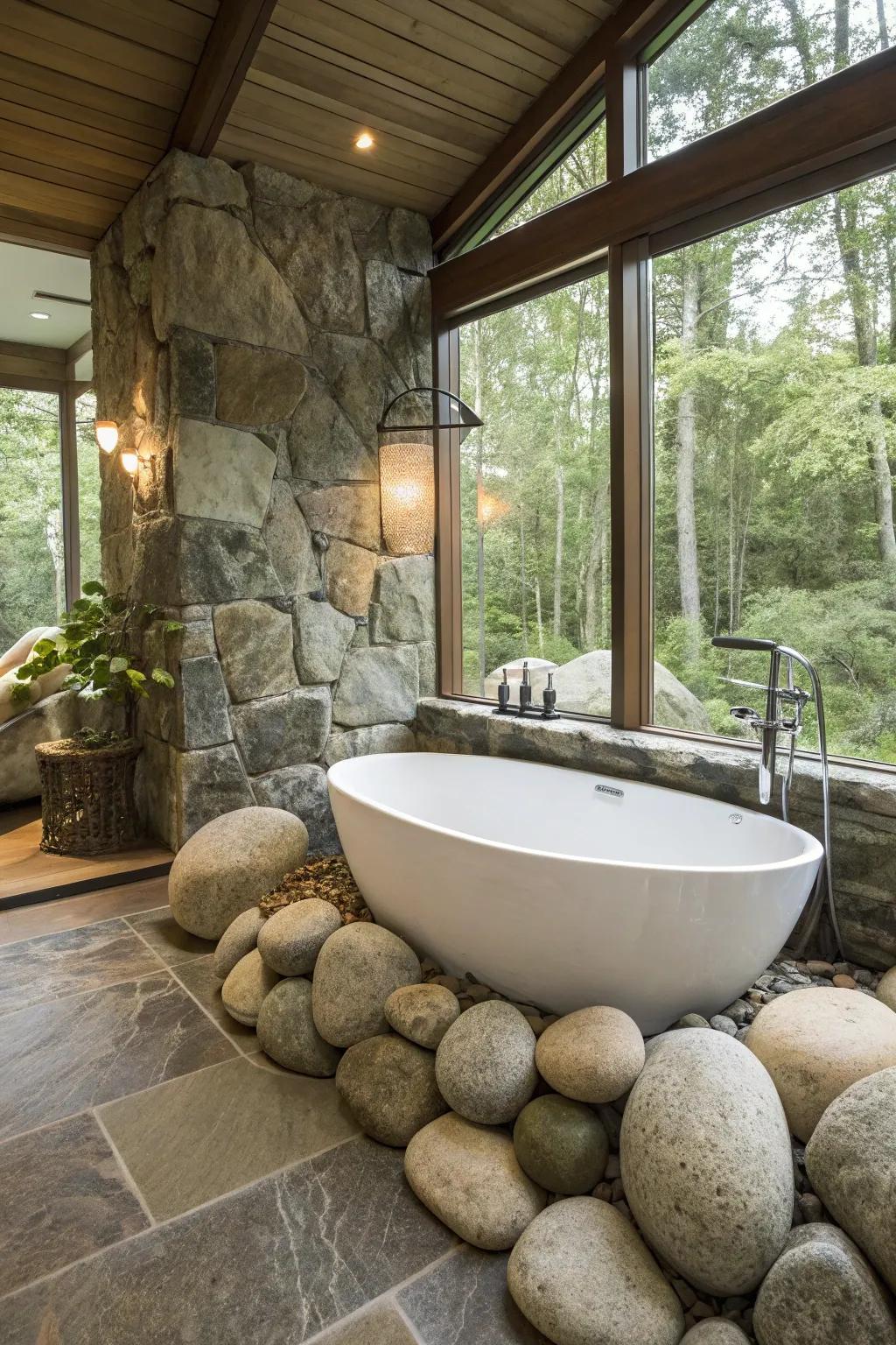 Convey the garden into your bathing area through substantial stones.
