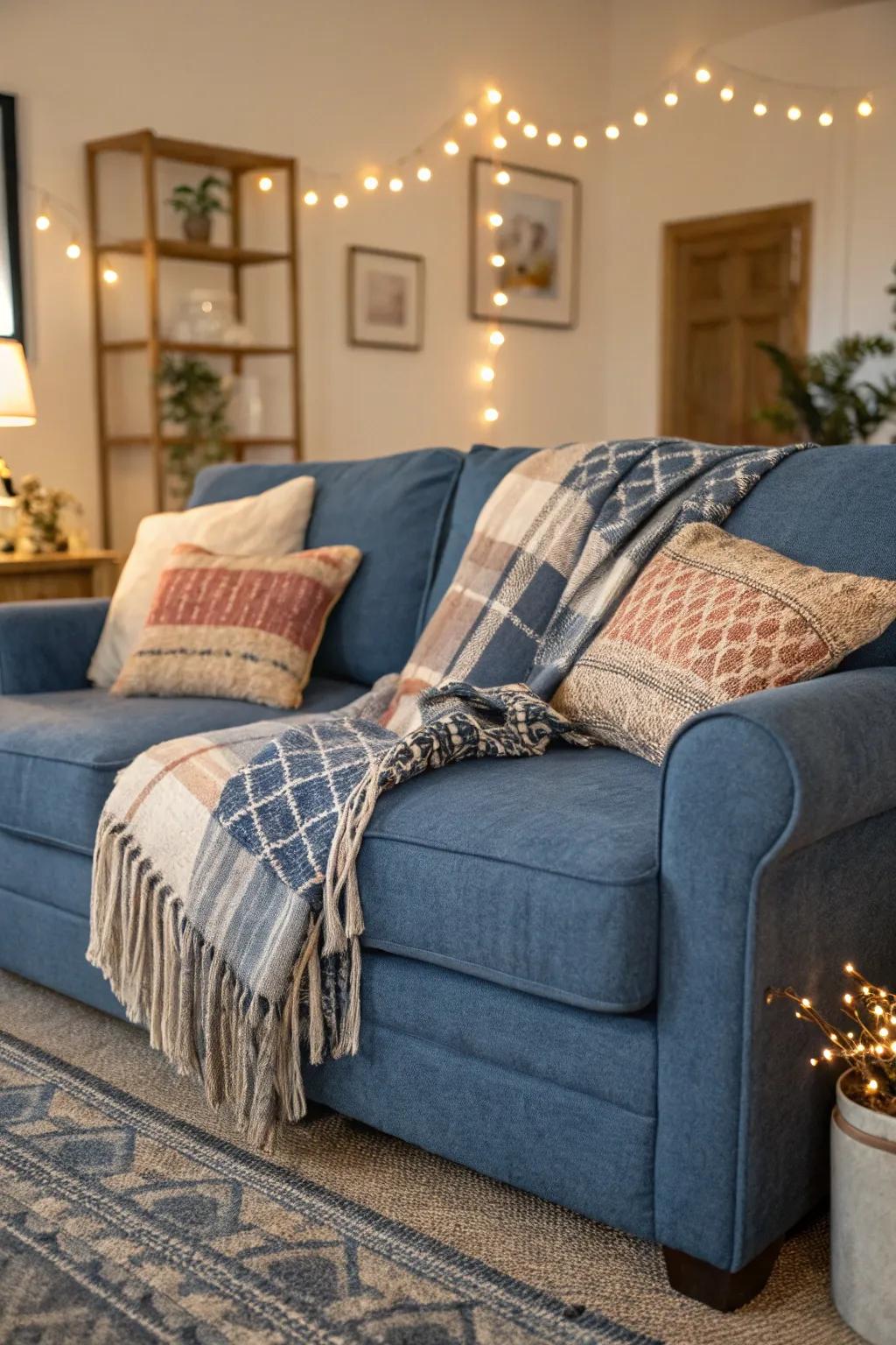 Layering infuses warmth with snugness to a horizon hue couch.