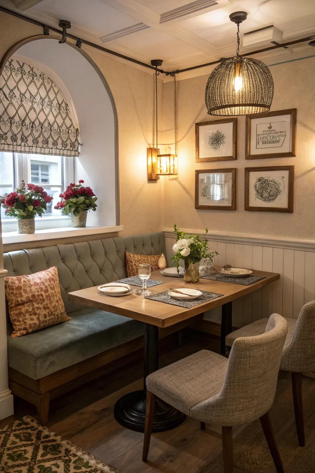 A cozy alcove transformed into a charming dining area.