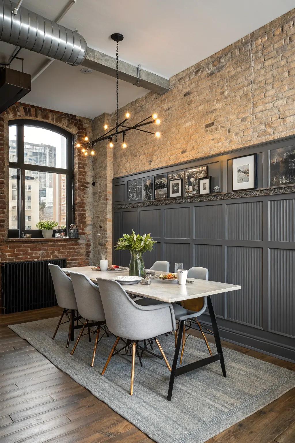 Industrial metal wainscoting incorporates a stylish urban twist to the dining space.