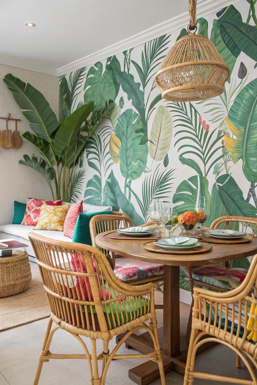 Exotic fallen leave wall covering transforms the dining space into a vibrant sanctuary.
