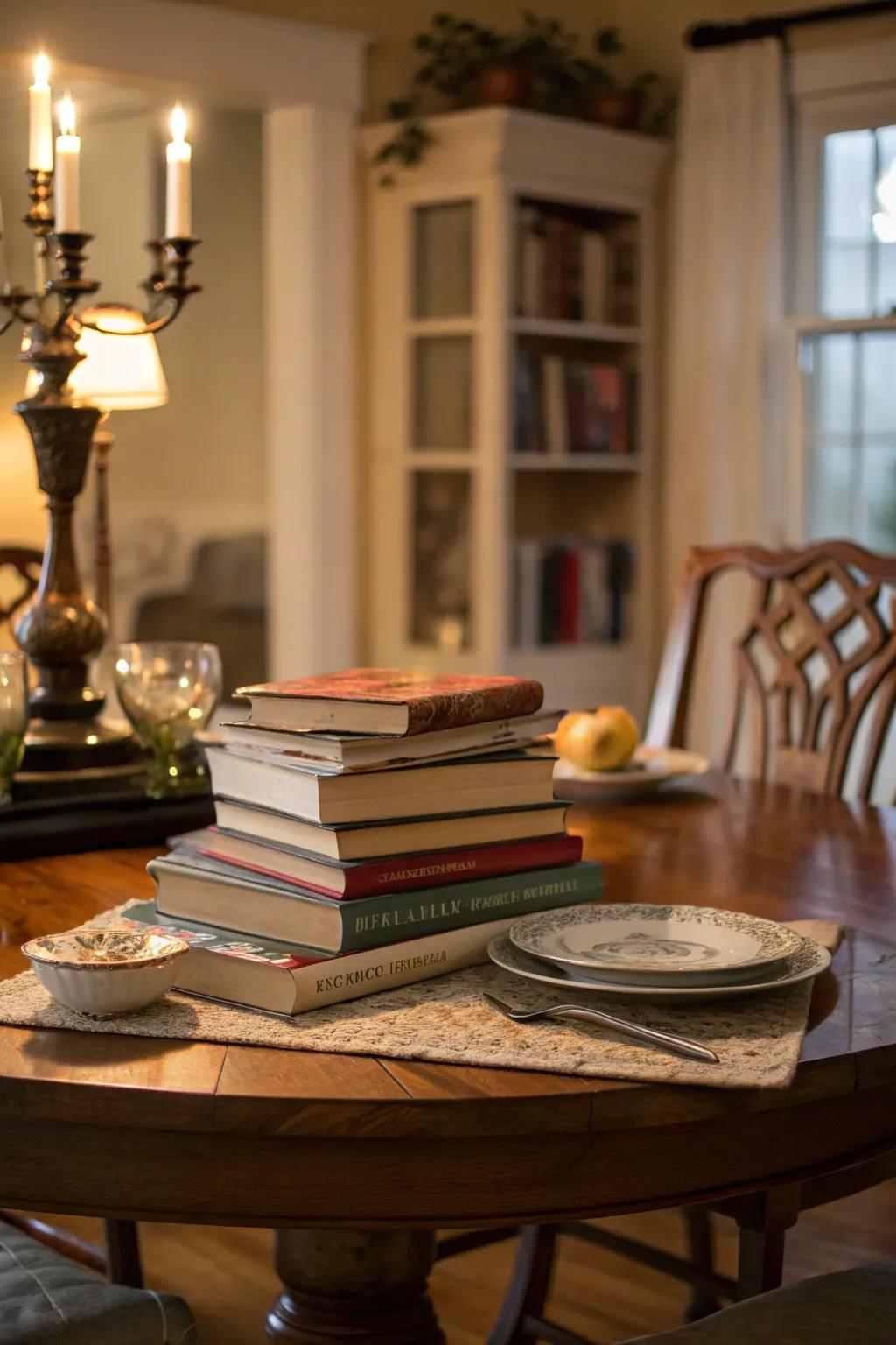 A dining table featuring a stack of favorite printed works.