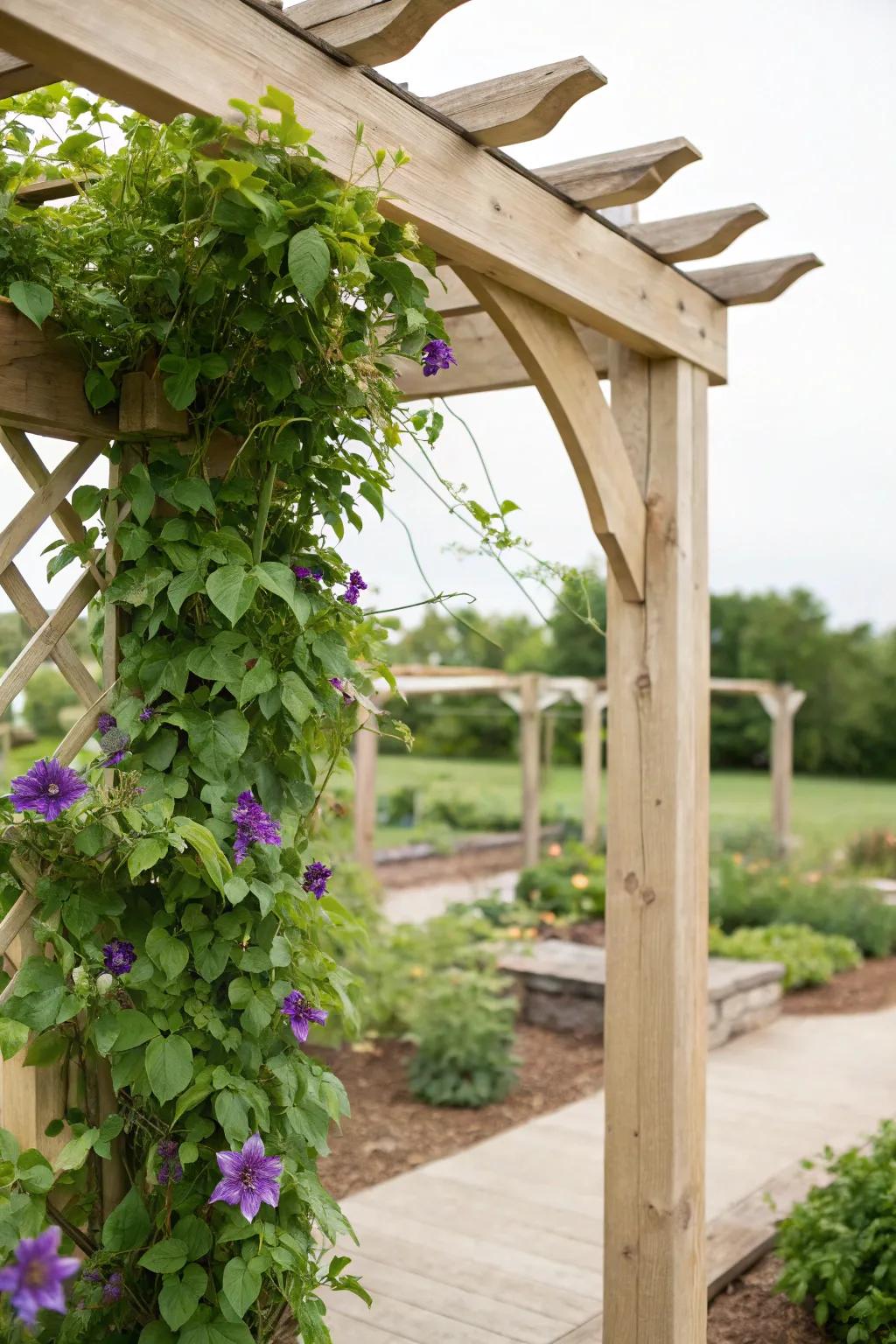 Transform your garden with a stunning clematis-clad arbor, where simplicity meets natural elegance.