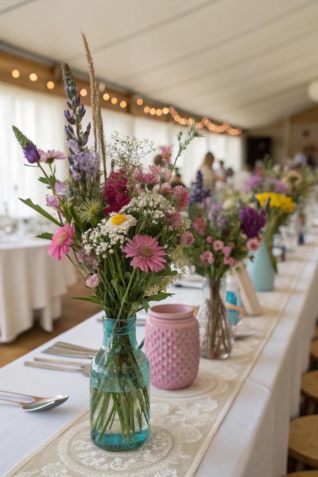 Untroubled beauty using magical wildflower centerpieces.