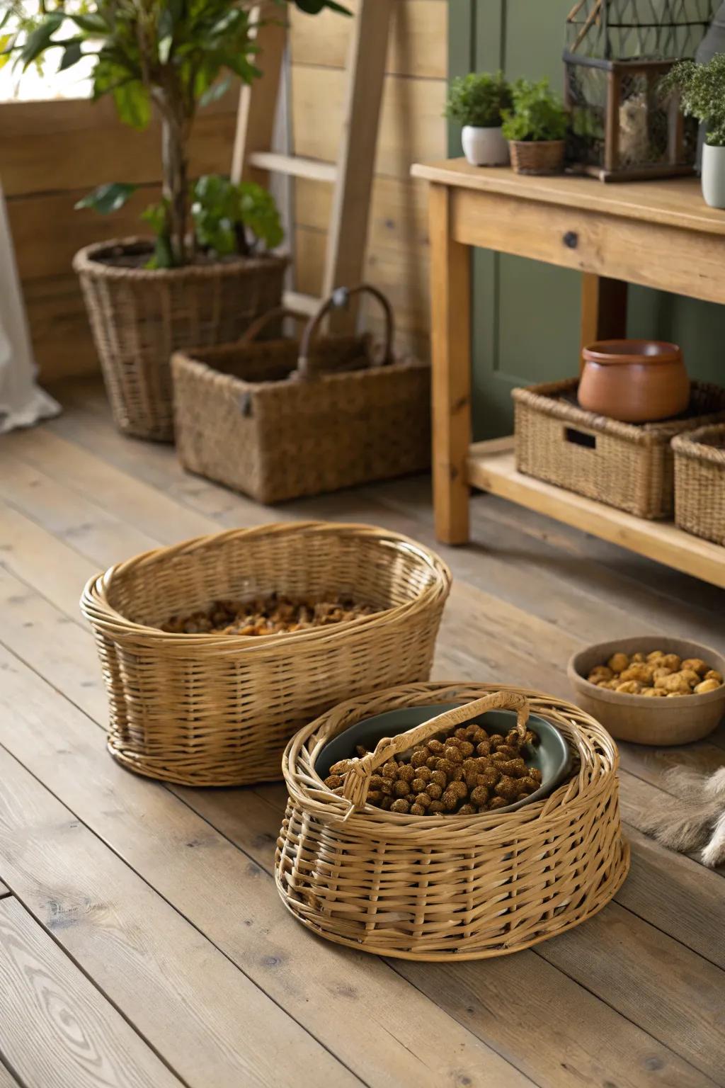 Wicker baskets contribute a natural impression while furnishing practical storage for kibble.