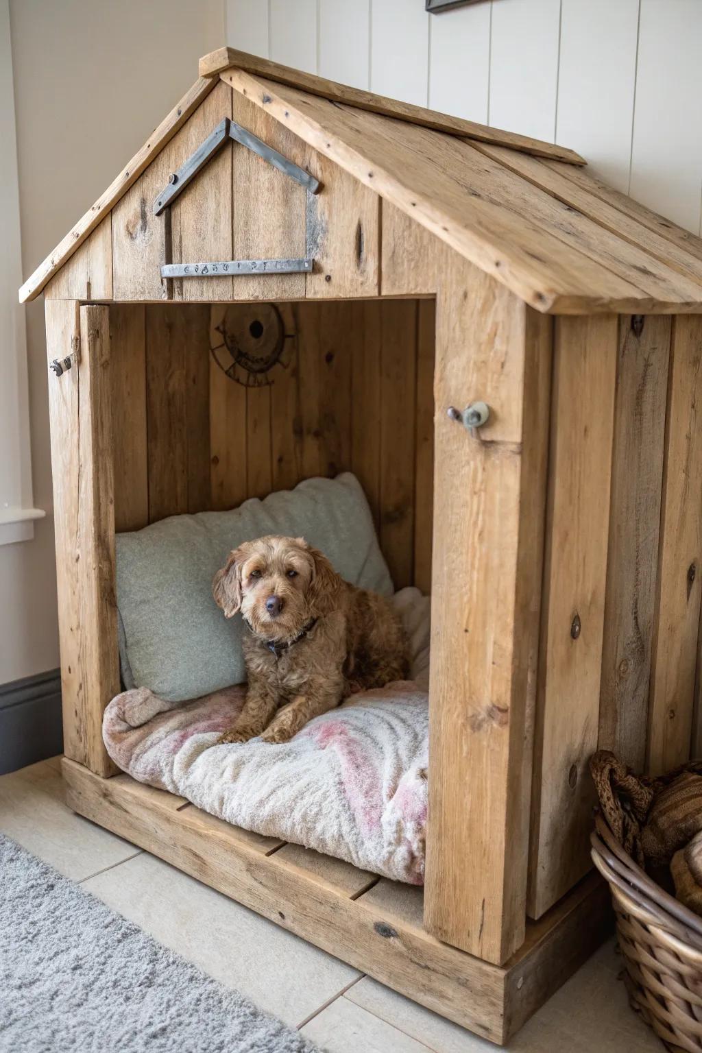 A rustic wood dog nook that integrates natural textures with comfortable convenience.