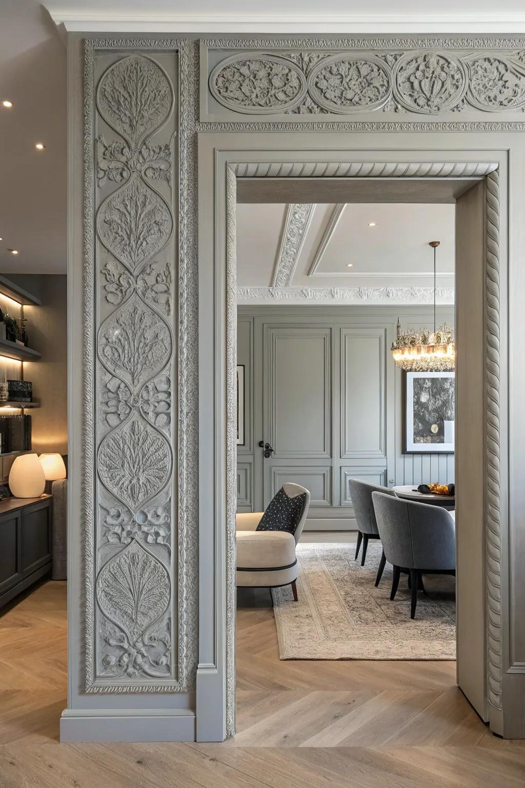 This contemporary interior is made more aesthetically rich by the addition of textured finishes on the door trim.