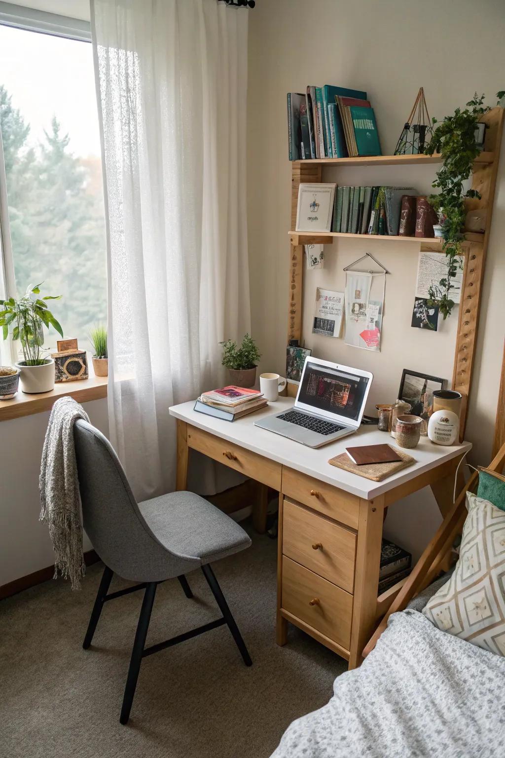 A practical desk space in a dorm that promotes both study and leisure activities.