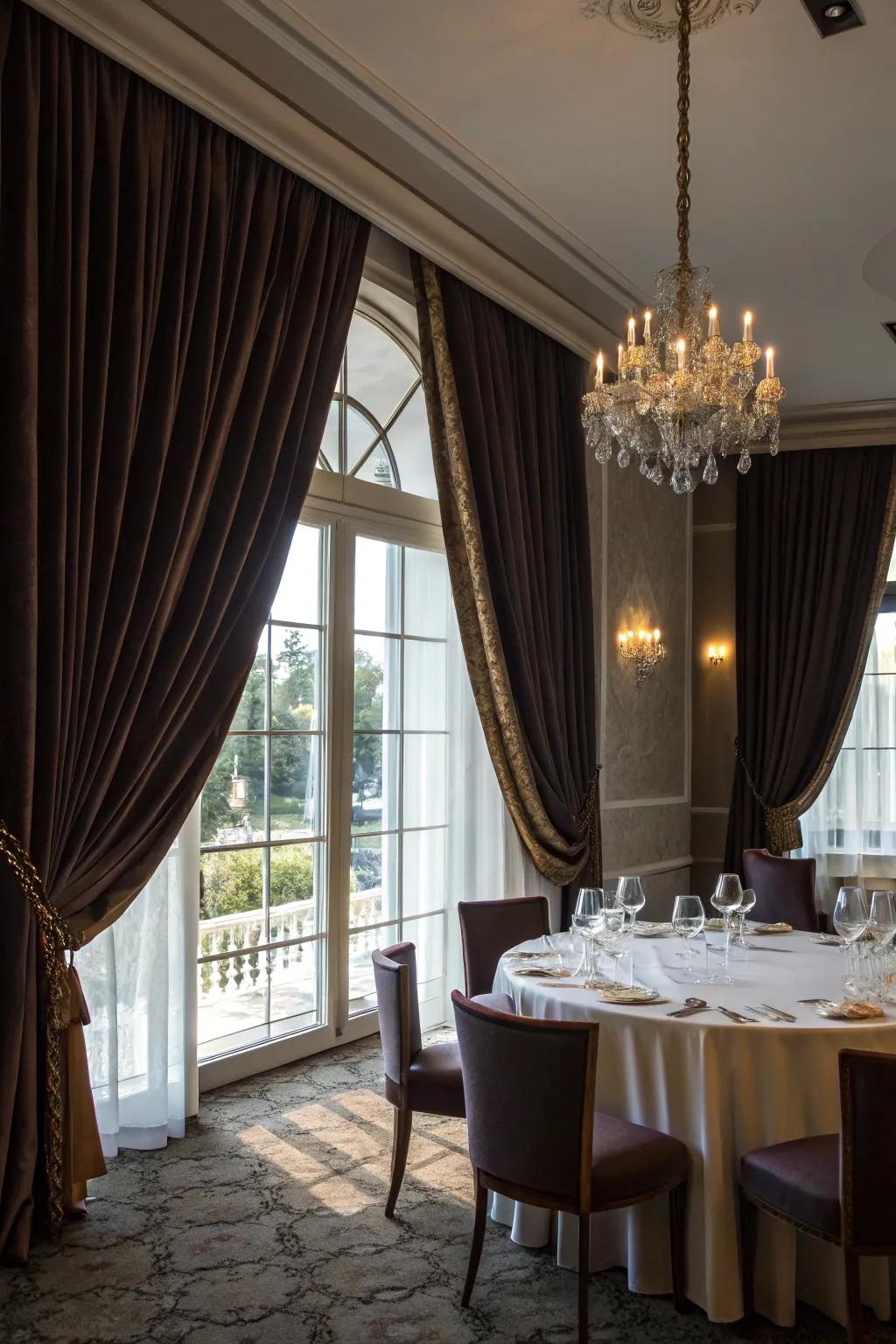 Floor-to-ceiling drapes amplify dramatic flair.