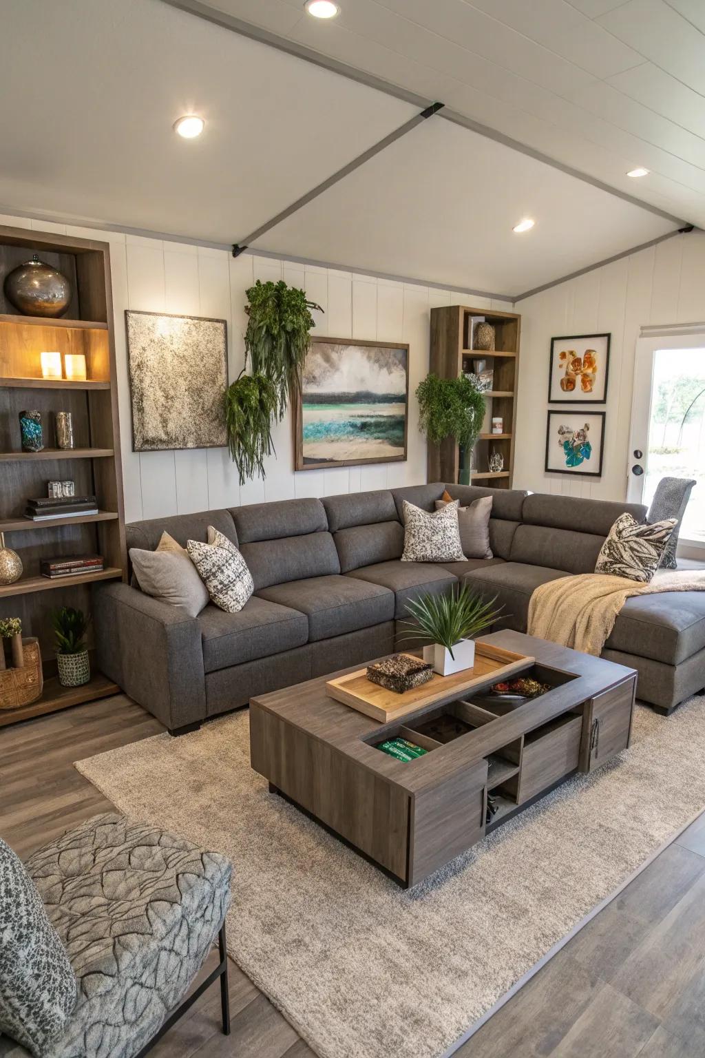 Multi functional furnishings maximize expanse and utility.