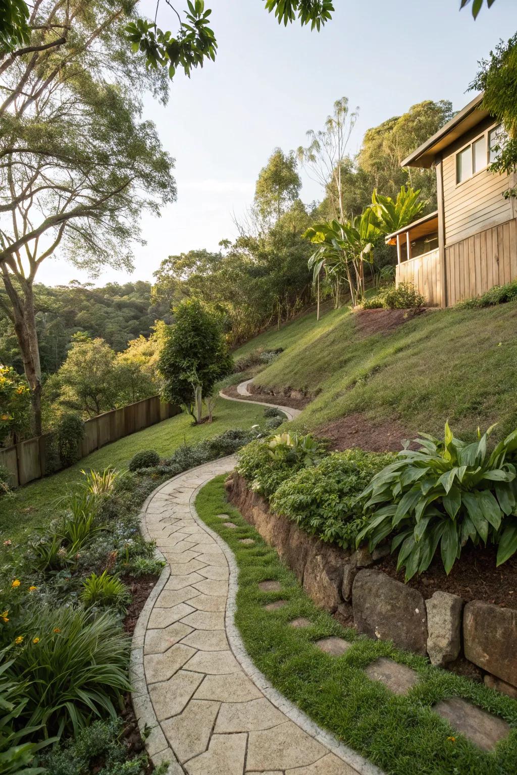 Meandering paths create a whimsical journey through sloped gardens.