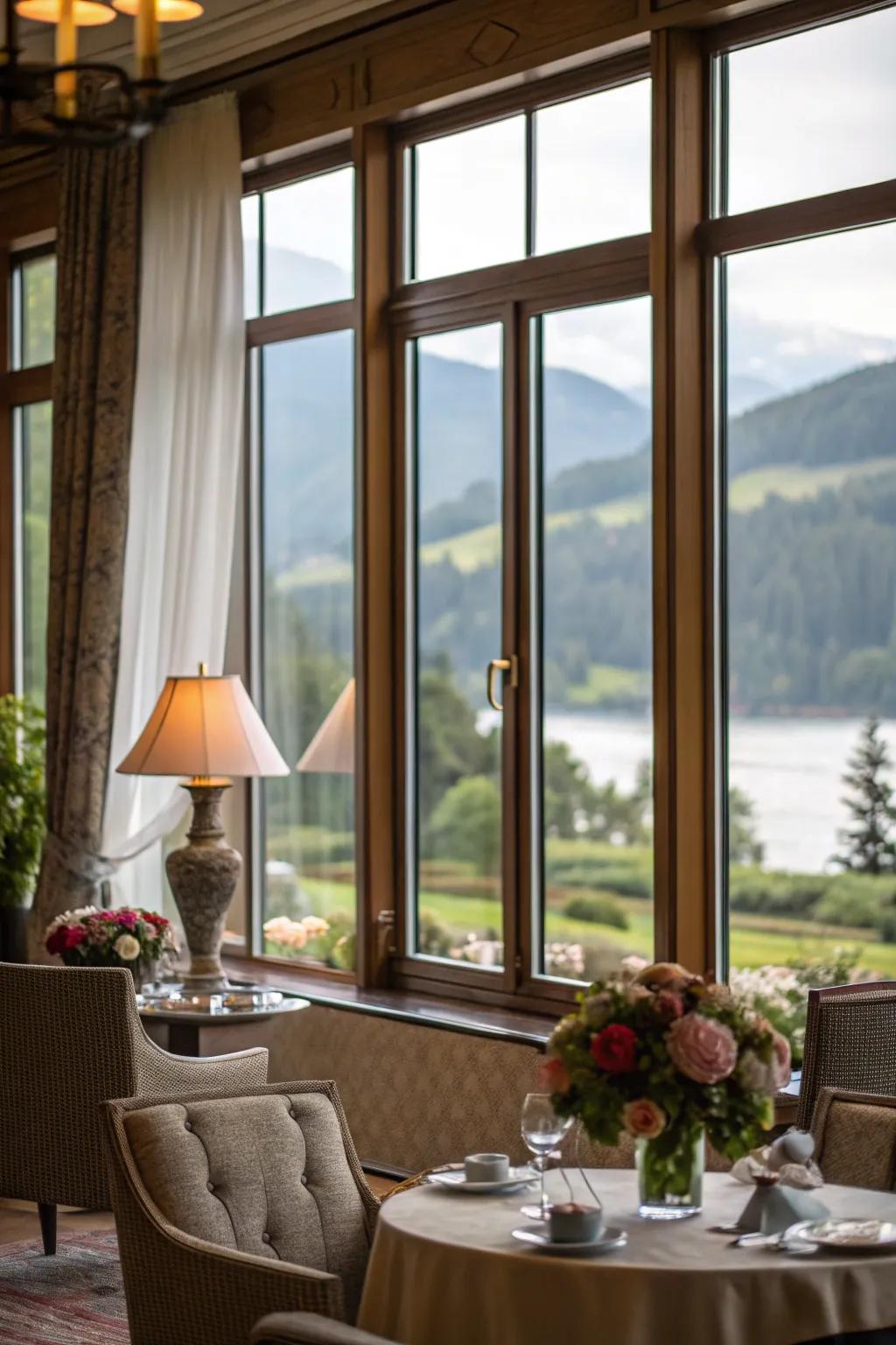 Panoramic windows inviting the beauty of the outdoors inside.