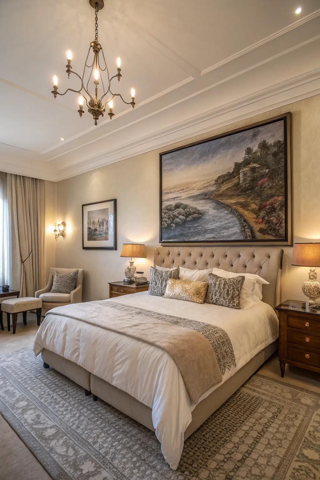 A bedroom featuring an oversized art piece making a dramatic statement.