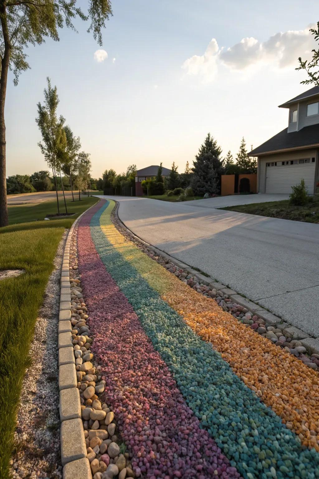 Colorful gravel gives a vibrant touch to this berm.
