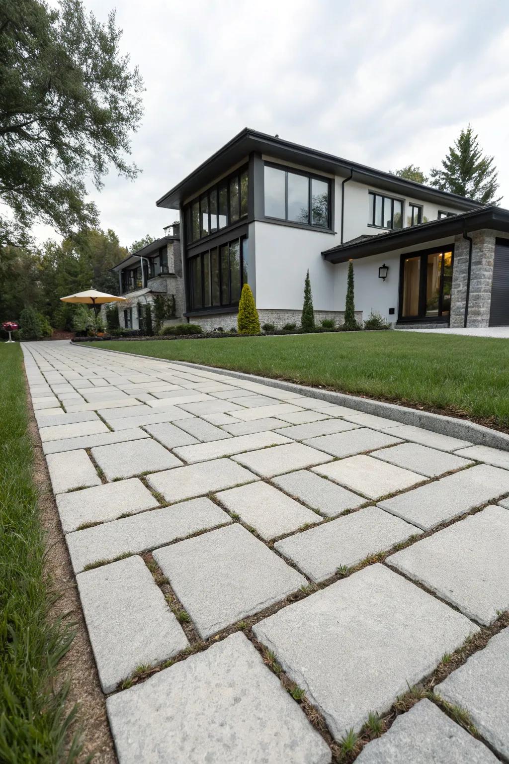 A grand and contemporary driveway featuring spacious format blocks.