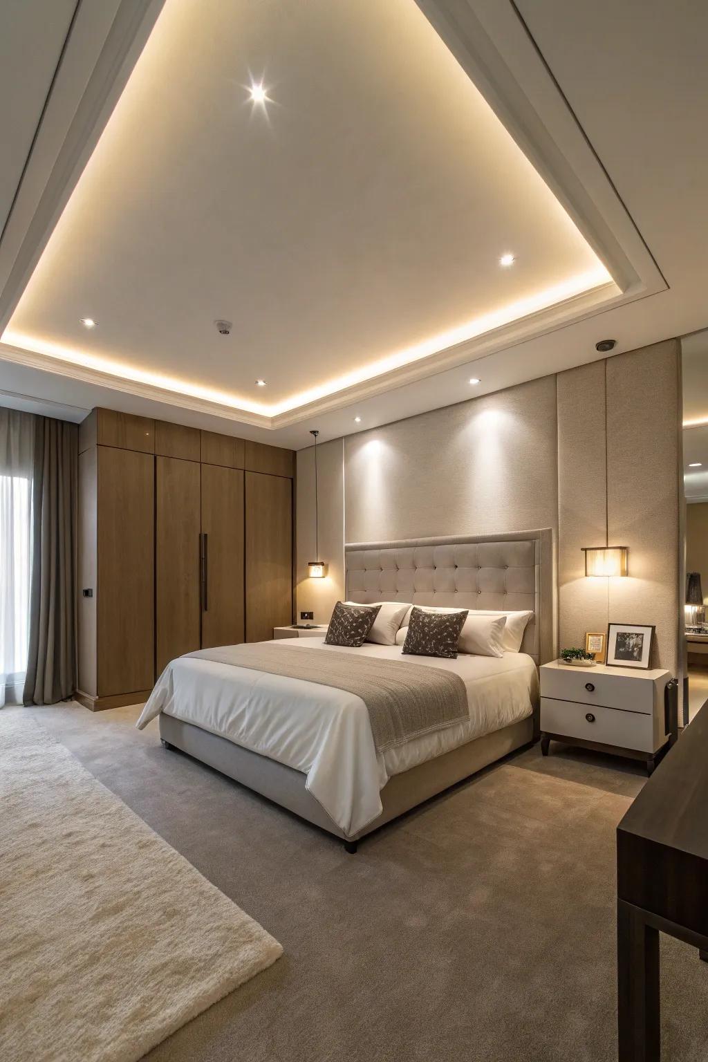 Concealed lights inject a bewitching touch to this modern boudoir.