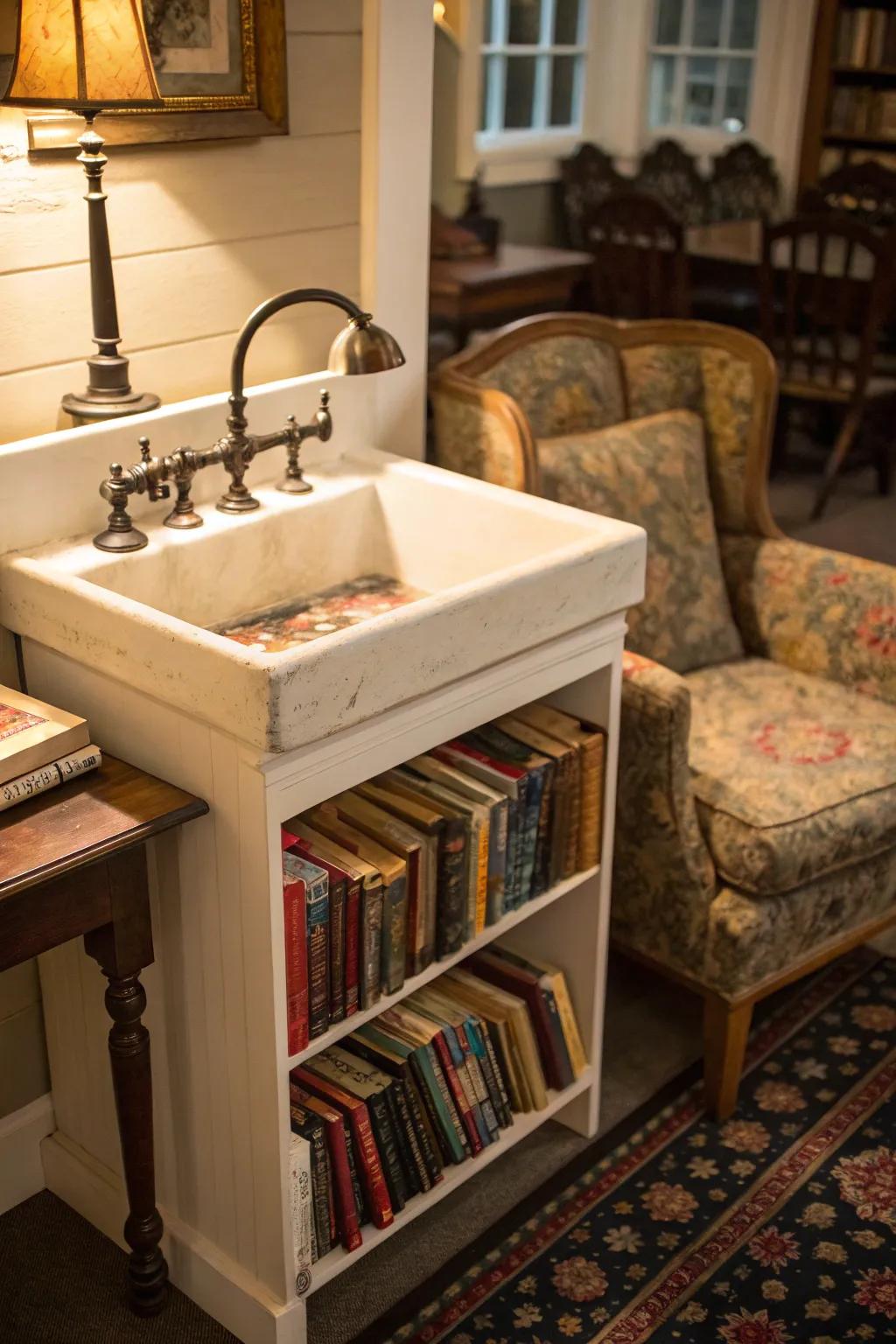 A miniature library created from an antique cabinet sink.