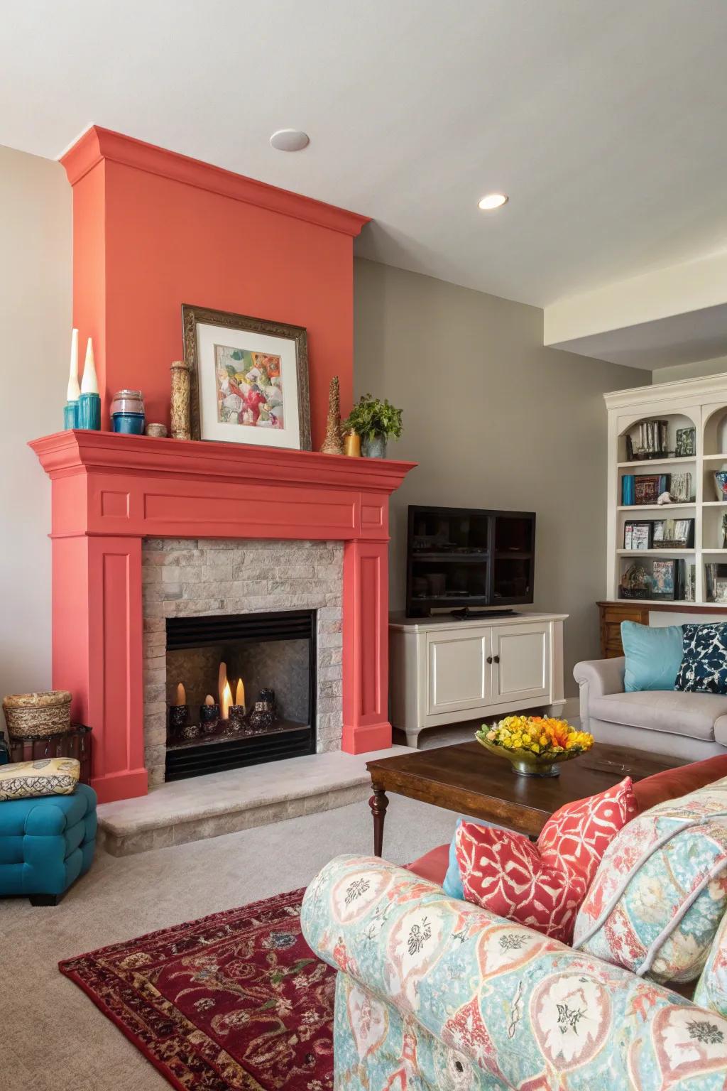 A vibrant pigment renders a drywall fireplace the chamber's focal attraction.