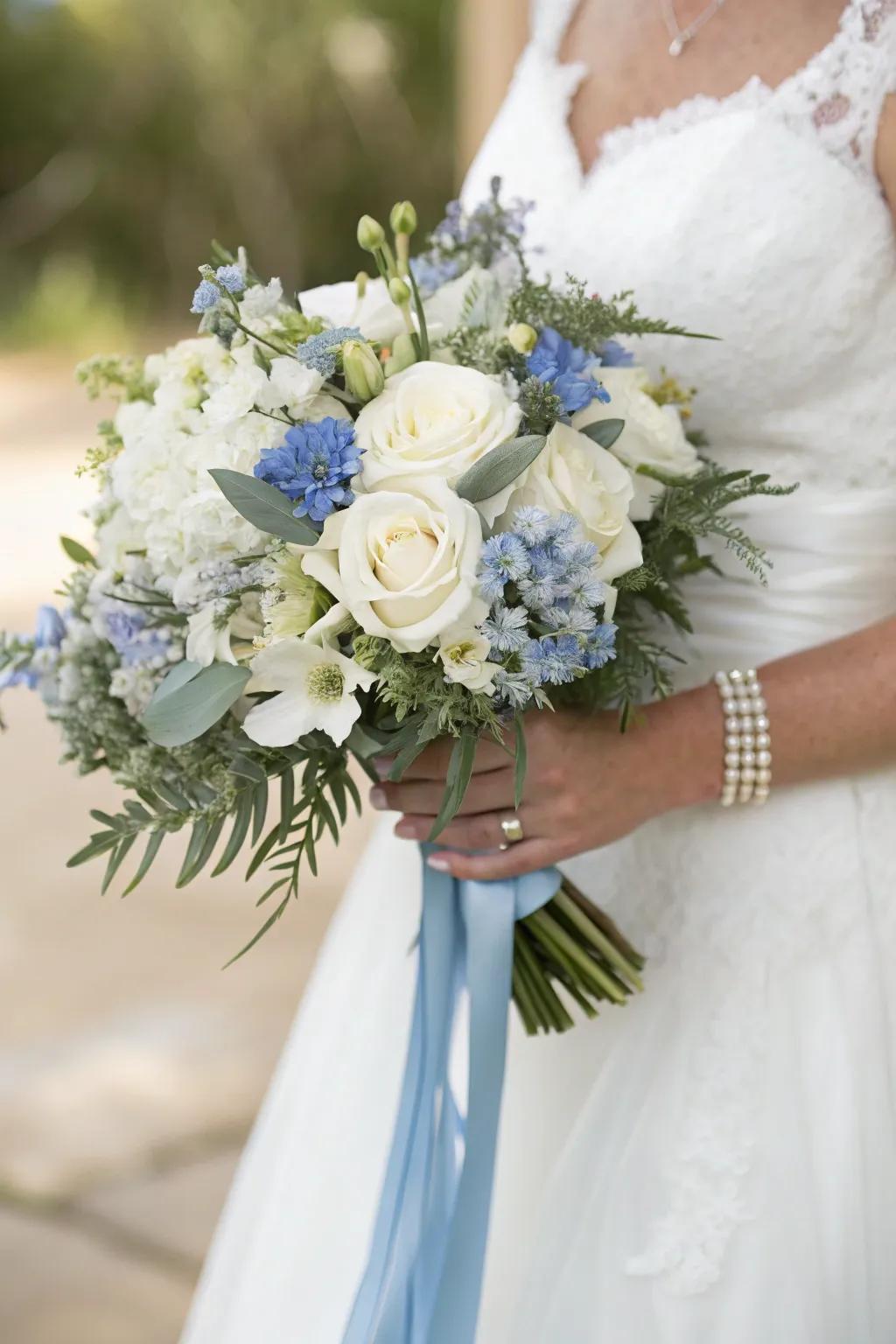 A stunning bridal posy tied with a soft teal ribbon, incorporating elegance and charm.