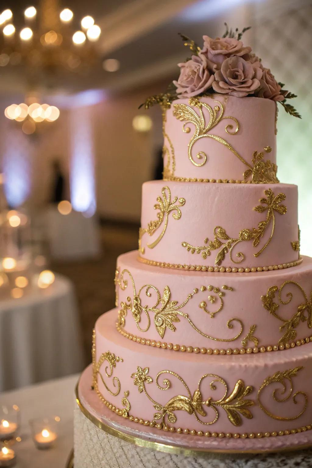 Elegant vintage rose and gilded wedding cake.