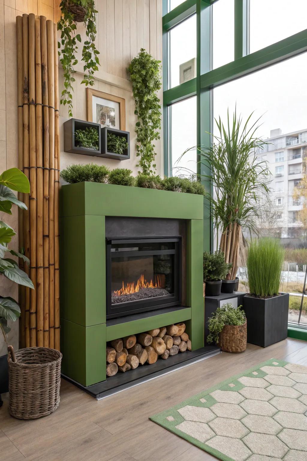 An eco-friendly electric heat center in a green-focused design
