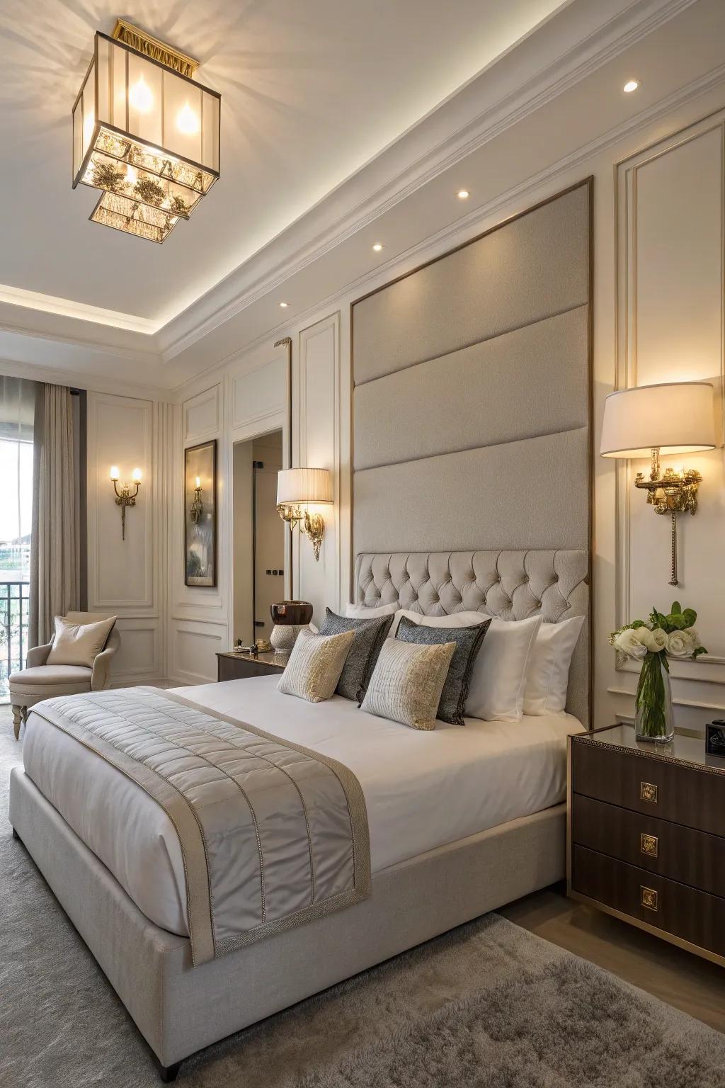 A contemporary opulent bedroom featuring innovative layered lighting.